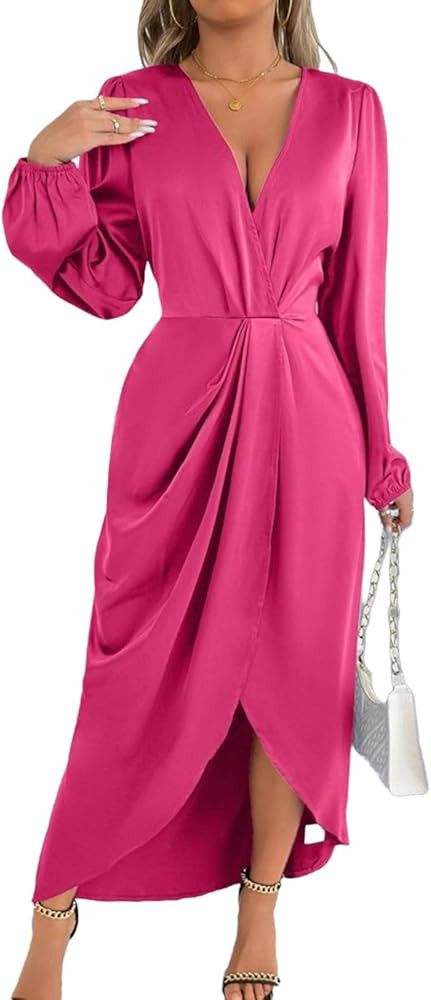 Women Satin V Neck Midi Dress Long Sleeve Wrap Asymmetrical Hem Ruched Spring Dresses Cocktail Pa... | Amazon (US)