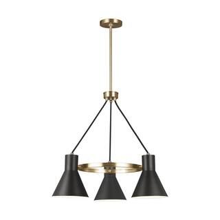 Towner 3-Light Satin Brass Mid-Century Modern Hanging Chandelier with Black Shades | The Home Depot