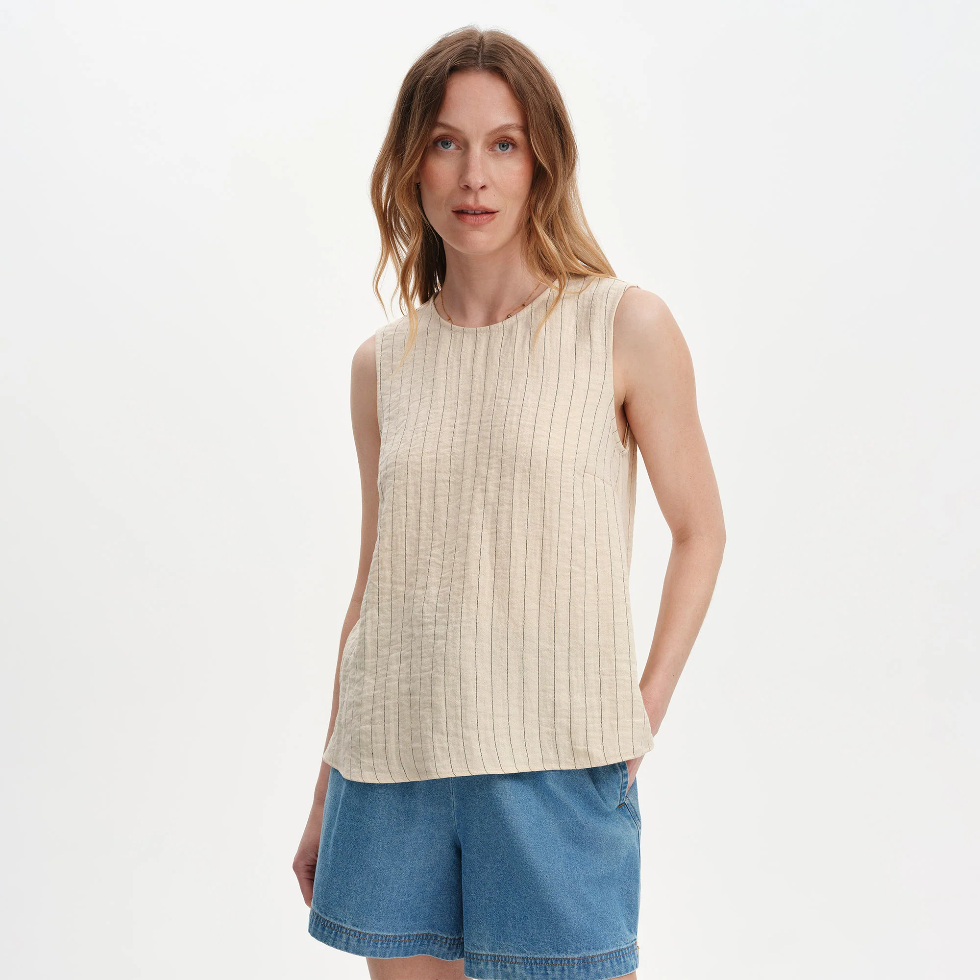 Vallie Beige Stripe Sleeveless Shell Top | Finery London - UK