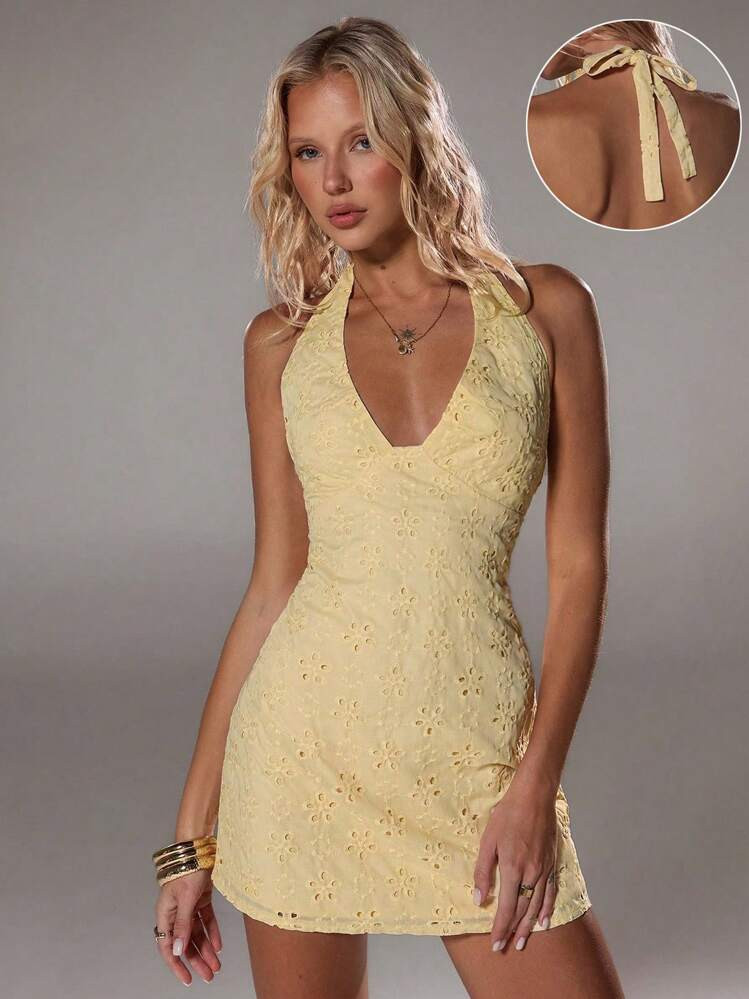 Flirla Light Yellow Deep V-Neck Halter A-Line Dress, Spring/Summer,Women's Beach Dress,Summer Clothes,Holiday,Summer, Beach, Elegant Dresses For Ladies,Yellow Dress,Summer Dresses For Holiday,Women's Short Dress | SHEIN