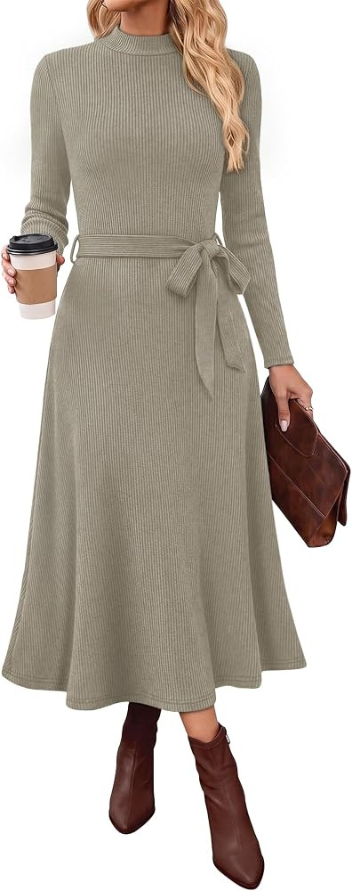 OFEEFAN Long Sleeve Dress Mock Neck Tie Waist Ribbed Knit Midi Dresses Fall Outfits | Amazon (US)