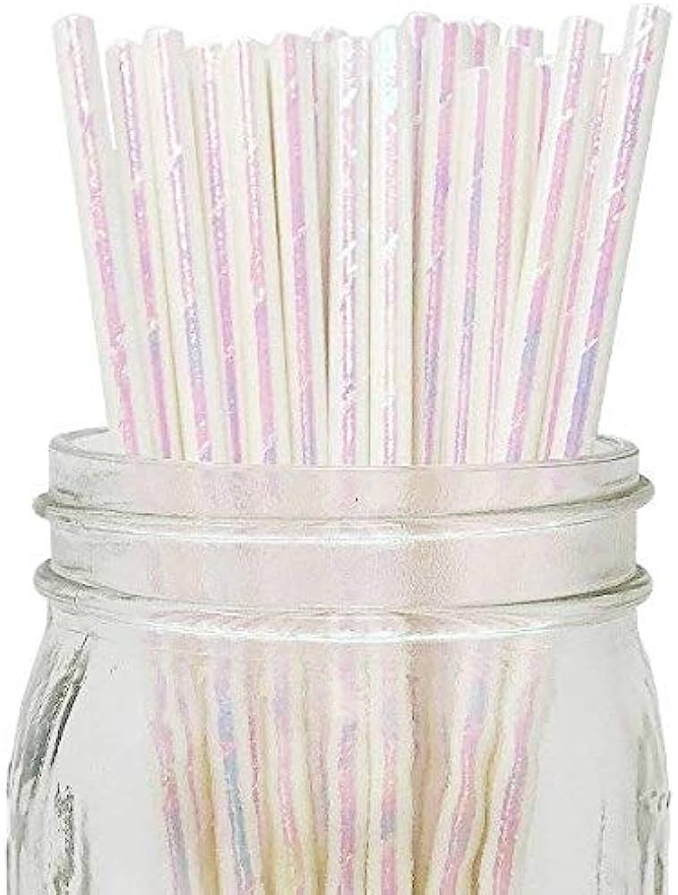 N//C Iridescent White Papers Straws, 7.75'' Cocktail Drinking Straws For Party Pack Of 100 | Amazon (US)