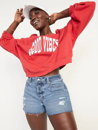 High-Waisted Button-Fly Slouchy Straight Distressed Cut-Off Jean Shorts -- 3-inch inseam | Old Navy (US)