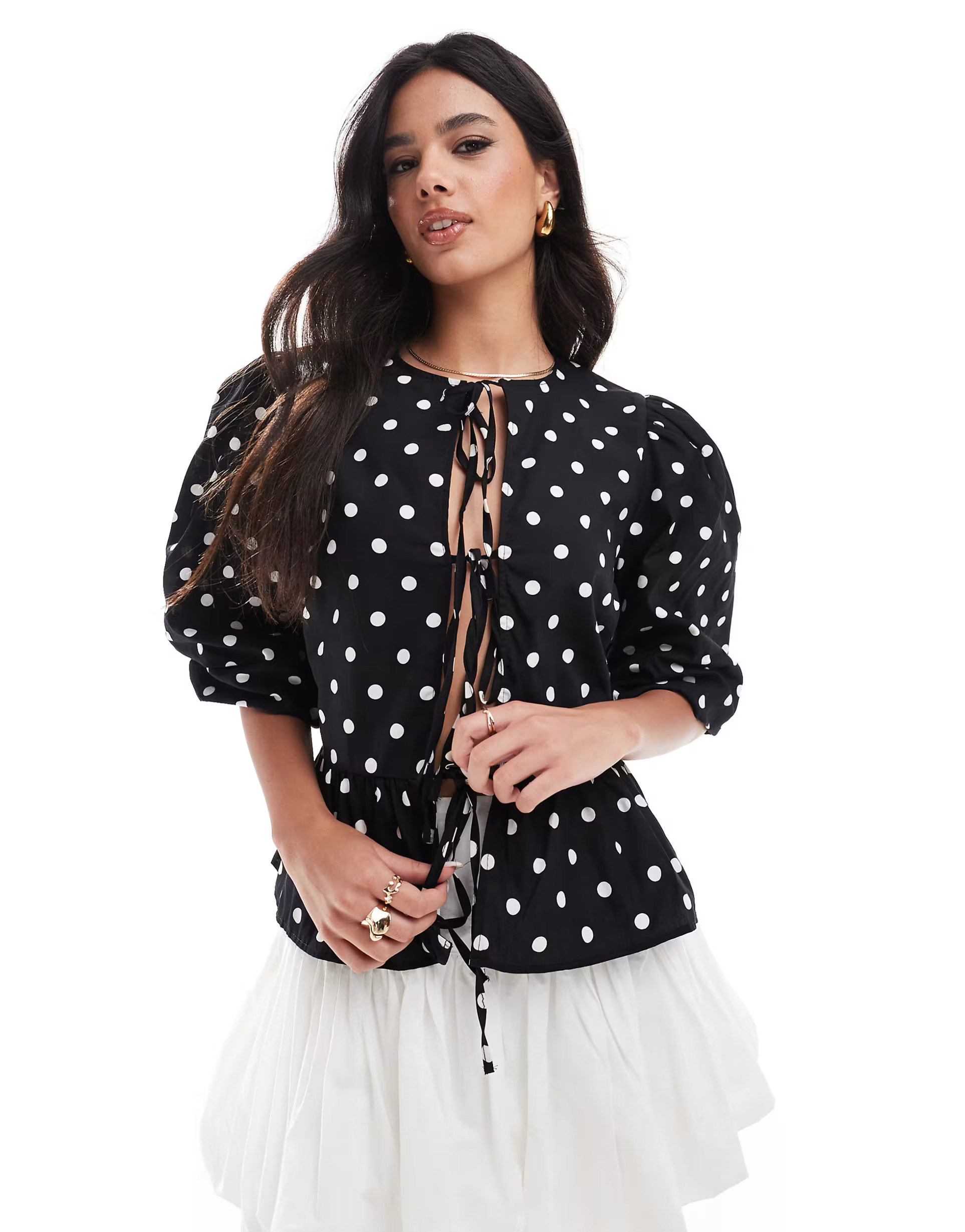 ASOS DESIGN cotton poplin peplum tie shirt top in black and white spot print | ASOS (Global)