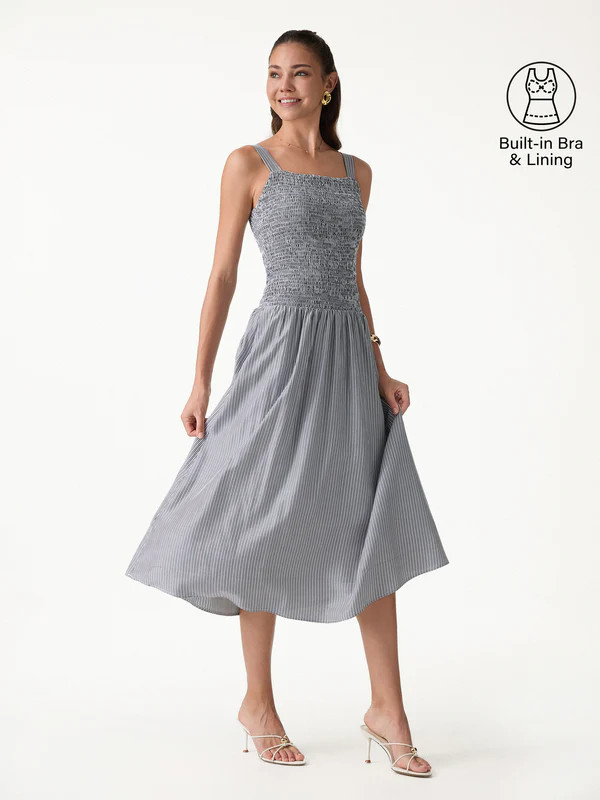 Striped Poplin Square Neck Smocked Midi Bra Dress | OGLmove