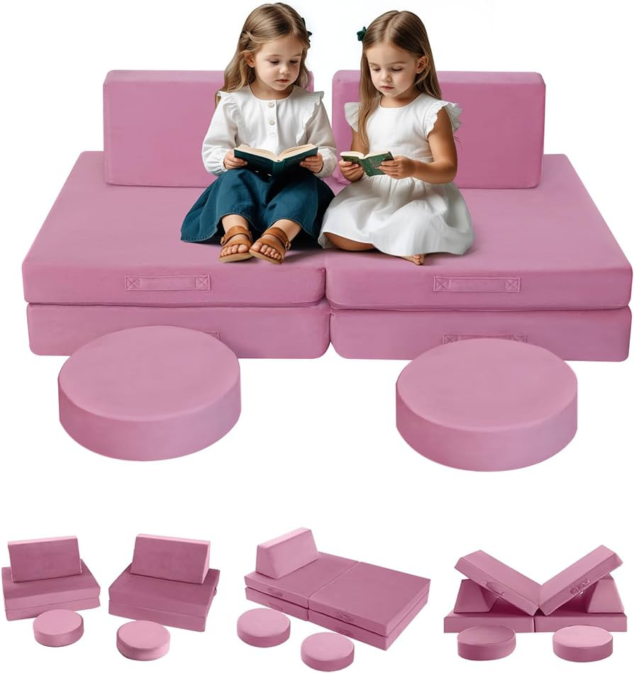 MeMoreCool 8-Piece Modular Kids Play Couch Sofa – Pink Convertible Toddler Couch for Playroom, ... | Amazon (US)