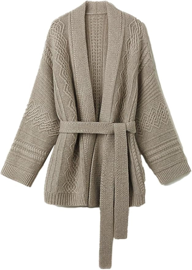 Mid-Length Wool Blend Open Cardigan Long Sleeve Cable Knitted Sweater for Women | Amazon (US)