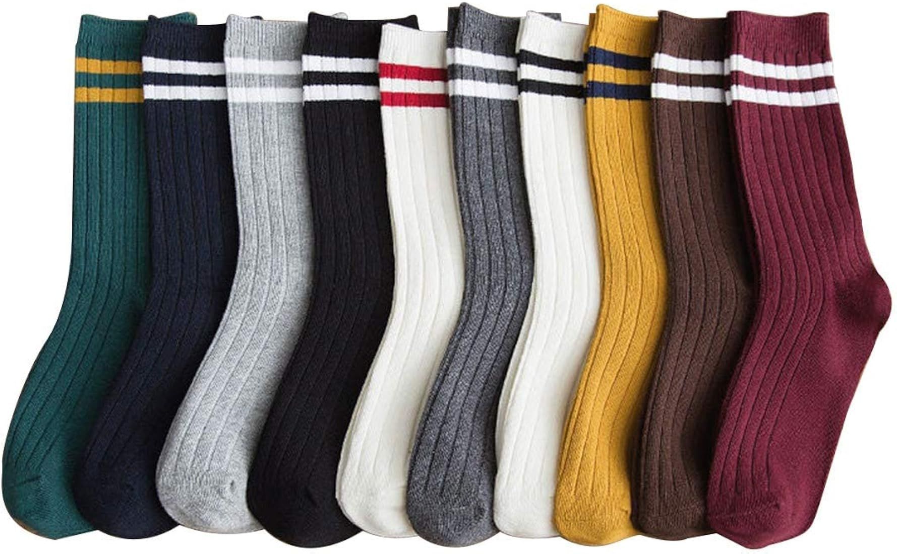 METICK 10 Pairs Fashion All Season Striped Crew Athletic Retro Socks for Women | Amazon (US)