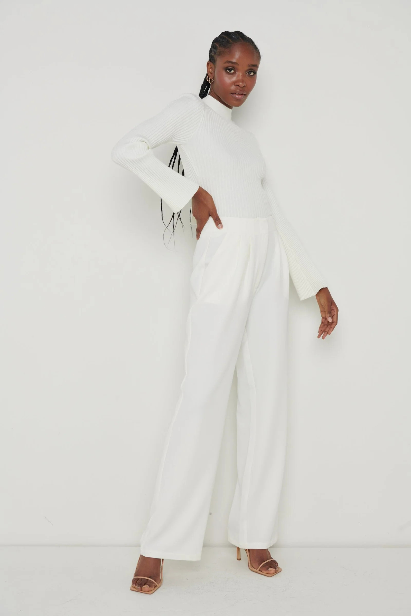 Parker High Waisted Box Pleat Trouser - Cream | Pretty Lavish (UK)