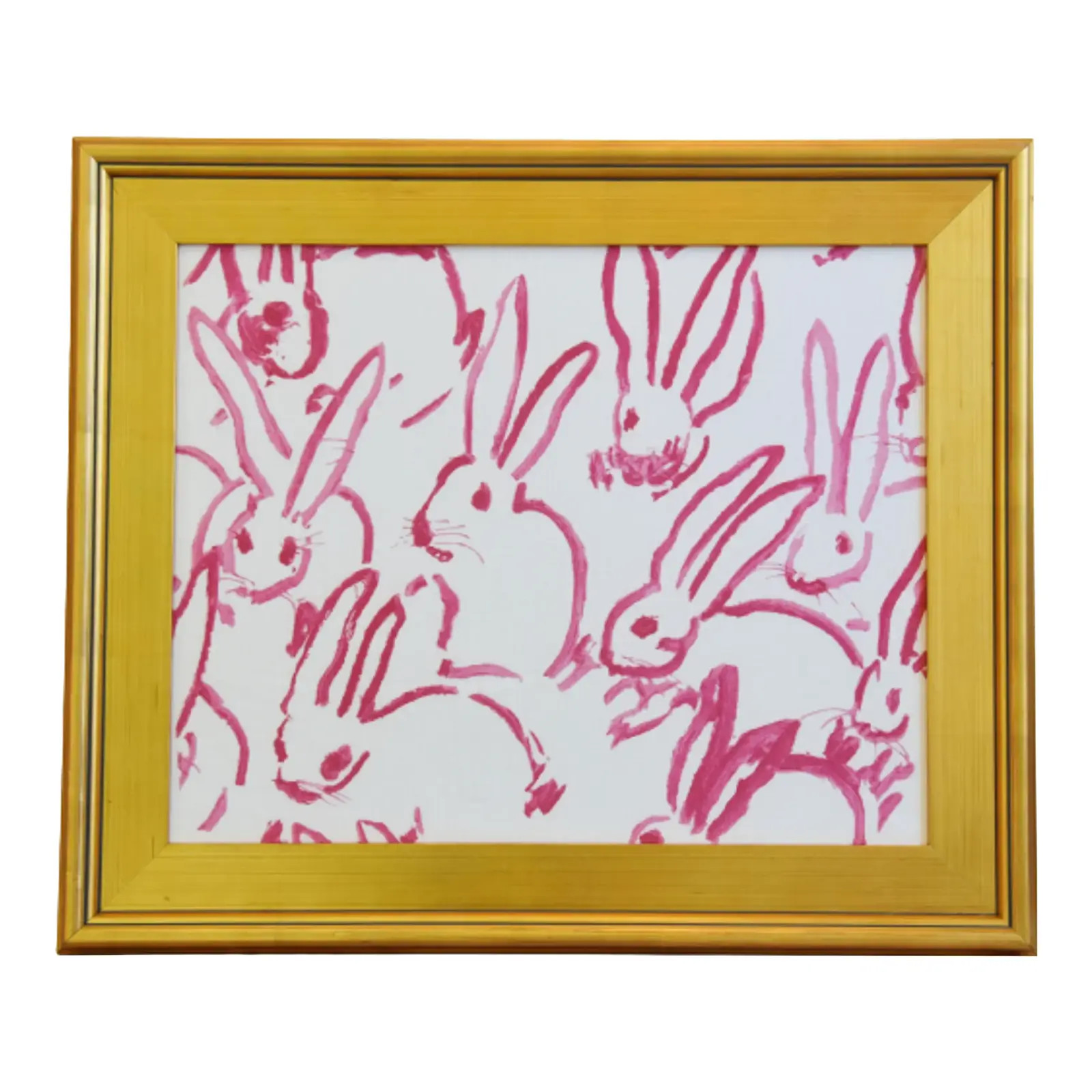 21st Century Framed Hunt Slonem Pink & White Bunny Hutch Fabric Textile With Gold Frame | Chairish