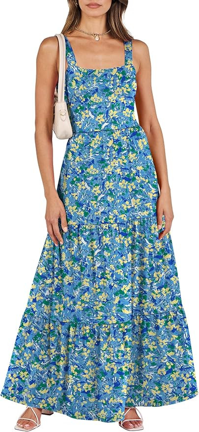 ANRABESS Women's Summer Casual Long Maxi Beach Vacation Dresses Sleeveless Square Neck Flowy Tier... | Amazon (US)