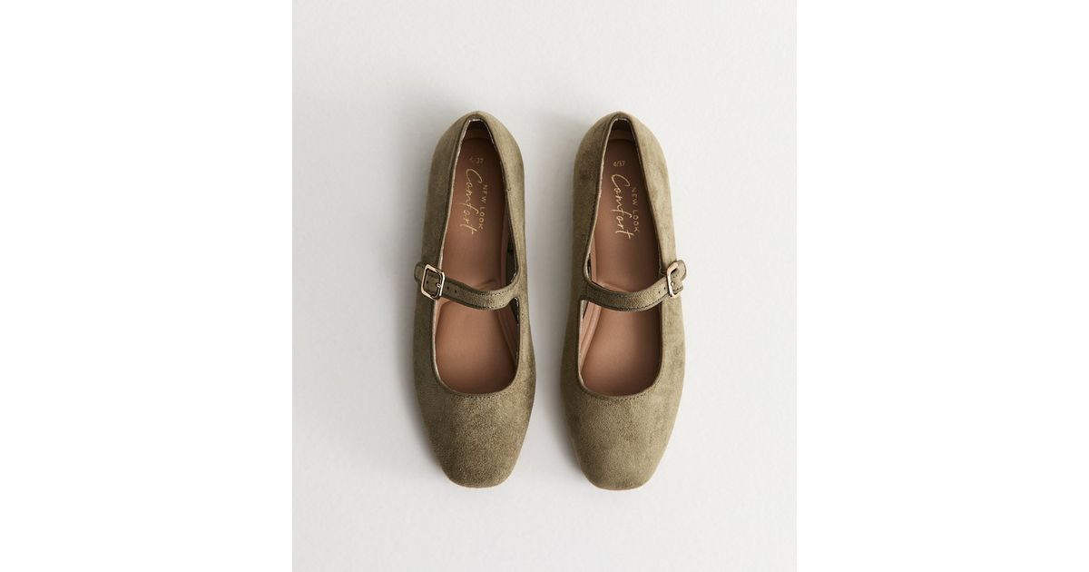 Women's Dark Khaki Faux Suede Mary Jane Ballet Flats Vegan New Look | New Look (UK)