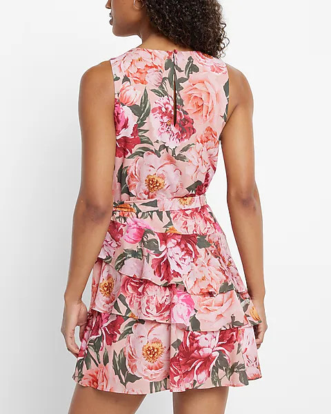Floral Sleeveless Tie Waist Tiered Ruffle Dress | Express