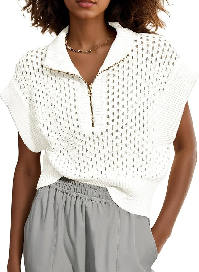 Womens Oversized Hollow Out Sweater Vest Quarter Zip Cap Sleeve Lapel Casual See Through Crochet ... | Amazon (US)