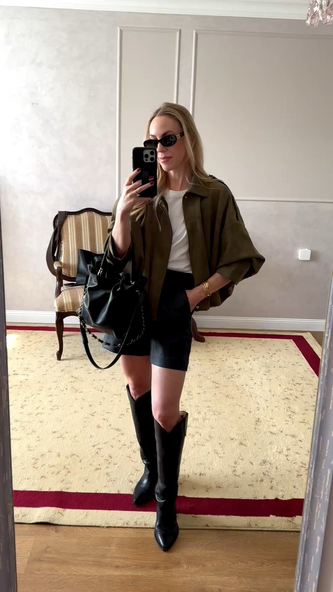 Transitional outfit, late summer early fall style, faux suede bomber jacket with leather shorts and cowboy boots, western style

#LTKSeasonal #LTKOver40 #LTKSaleAlert