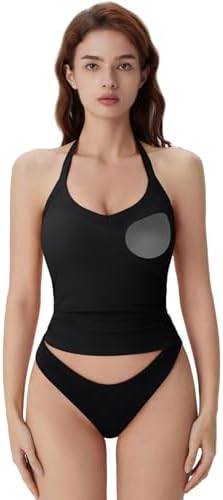 SUUKSESS Halter Tank Top for Women with Built in Bra Cotton Ribbed V Neck Cami | Amazon (US)