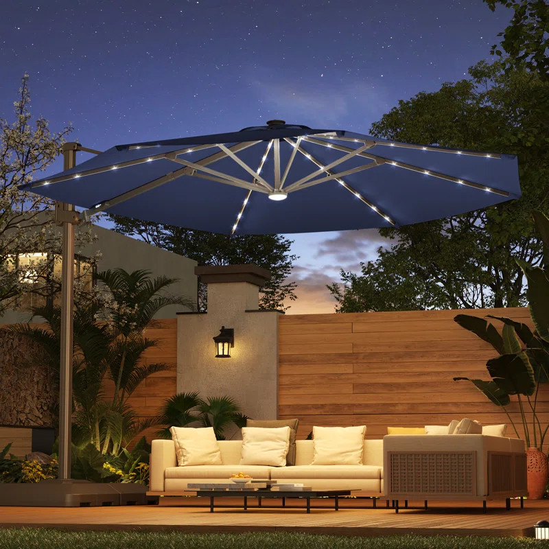 11' Patio Cantilever Umbrella with Wind-Vent, 240g Solution-Dyed Fabric, Solar LED Lights and Wei... | Wayfair North America