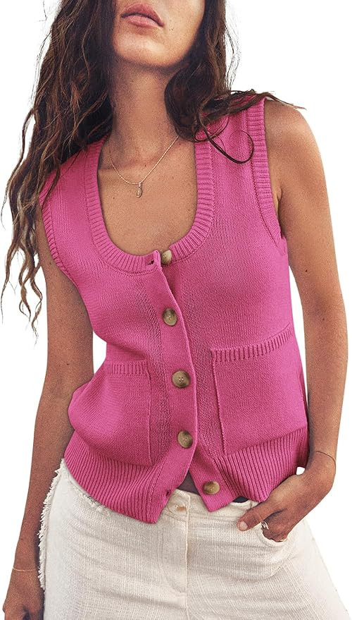 Yousify Womens Sweater Vest Summer Ribbed Tank Tops Sleeveless Button Down Shirts Scoop Neck Top ... | Amazon (US)
