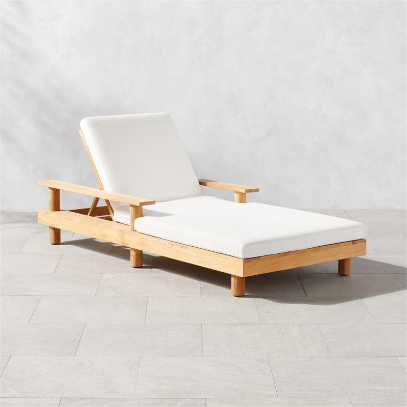 Pinet Teak Outdoor Chaise Lounge with Textured Ivory Perennials Cushions | CB2 | CB2