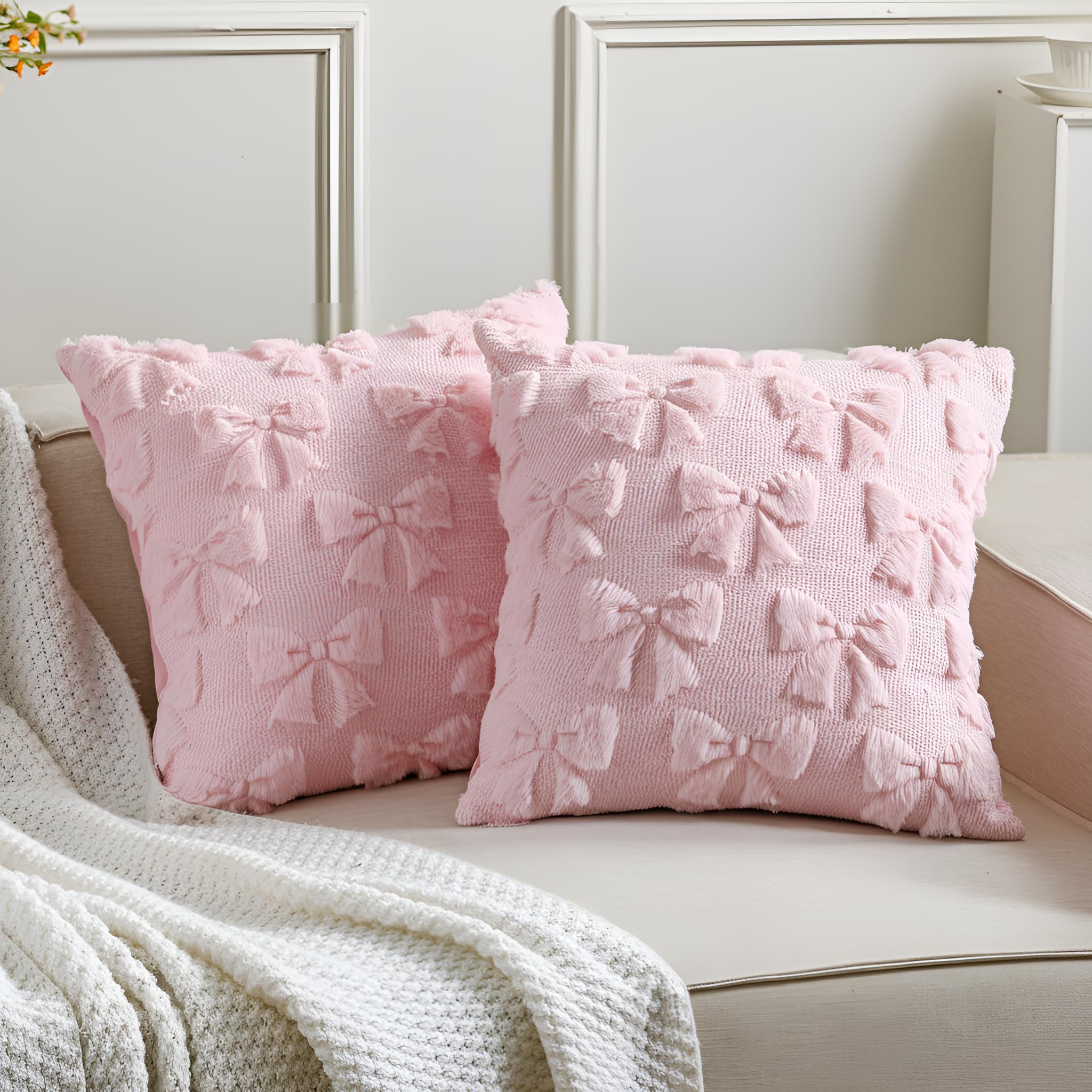 Mixweer Bow Pillow Covers Set of 2 Coquette Room Decor Cute Faux Fur Soft Bowknot Preppy Stuff Fl... | Amazon (US)