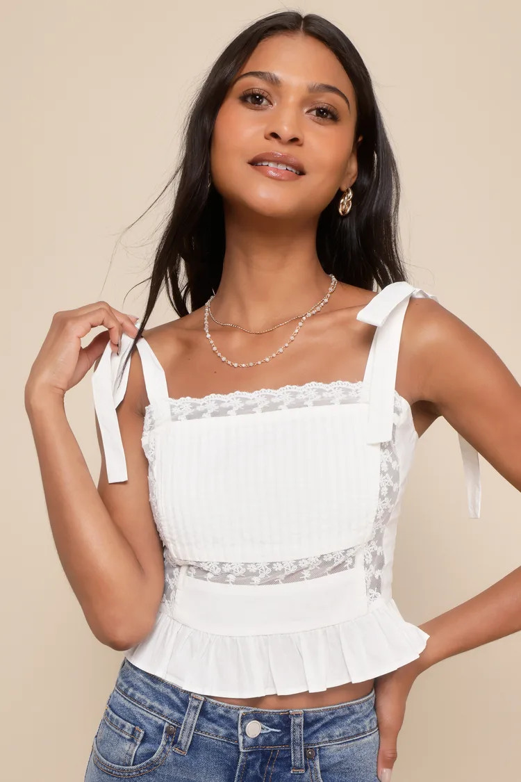Darling Cuteness White Lace Tie-Strap Sheer Ruffled Crop Top | Lulus