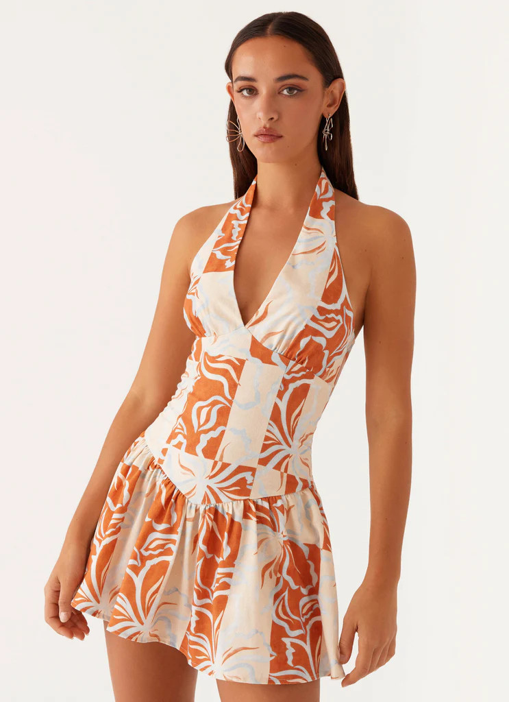 Sunset Ballad Linen Mini Dress - Orange Blue Floral | Peppermayo (Global)