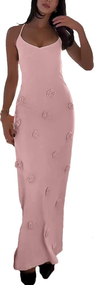 Women's Knit Maxi Dress Spaghetti Strap Floral Dresses Bodycon Knitted Beach Long Dress Backless ... | Amazon (US)