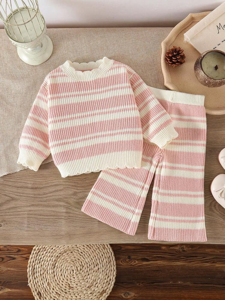 SHEIN 2pcs Baby Girls Elegant Solid Color Knitted Sweater And Wide Leg Pants Set, Suitable For Autumn/Winter, Fashionable And Versatile For Daily Wear, Outings And Travels | SHEIN