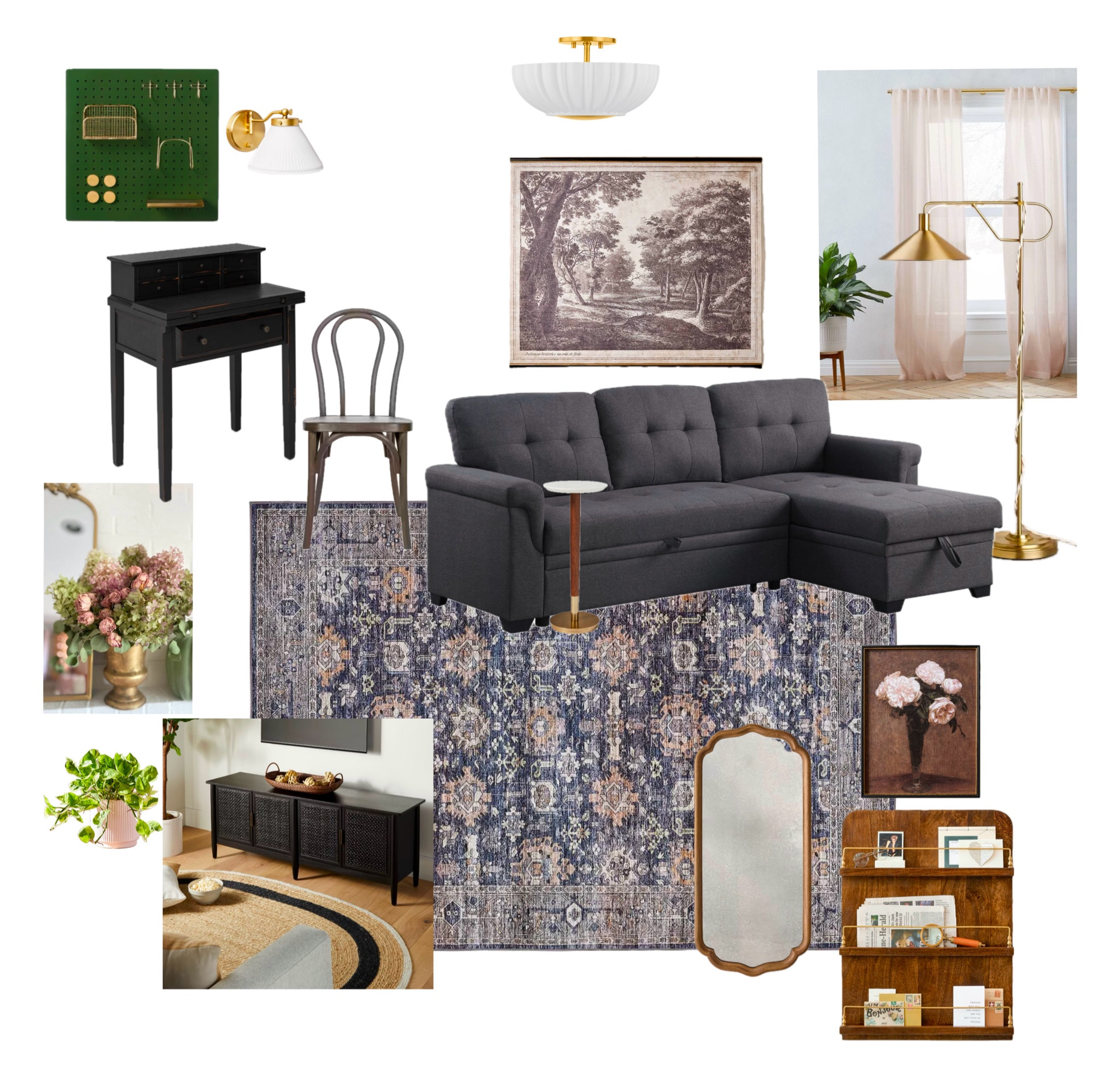 Client’s Victorian Air BnB Living Room Essentials- including sleeper sofa, compact writing desk, and tv console. Antique-inspired art and furnishings help create a historical space. Soft, warm lamp lighting and gauzy curtains illuminate the inviting common area, so everyone has a place to relax. Entryway off the living has wood mirrors and brass luggage/coat hooks that welcome you as you come in, plus airbnb welcome-info can be found in stylized wall decor. 

#LTKHome