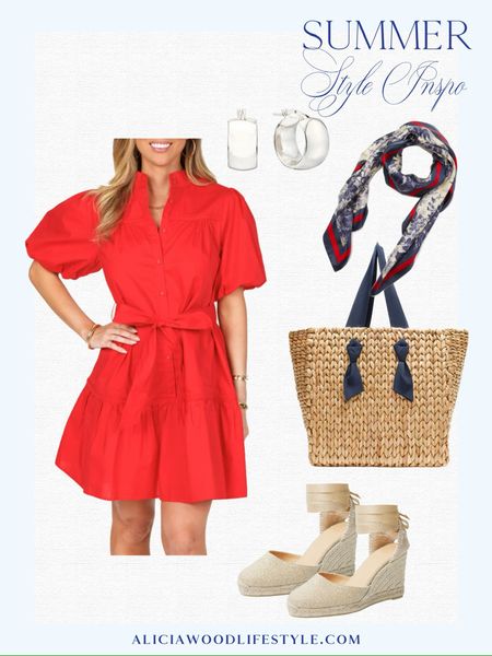 Summer is almost here and this darling outfit will carry you all the way through.   Plus, it checks all the boxes for the summer holidays!

Red short dress with self belt
Cream espadrilles wedges
Pamela Munson tote 
Red, white and blue scarf 
Silver hoop earrings 

#LTKStyleTip #LTKSeasonal #LTKOver40