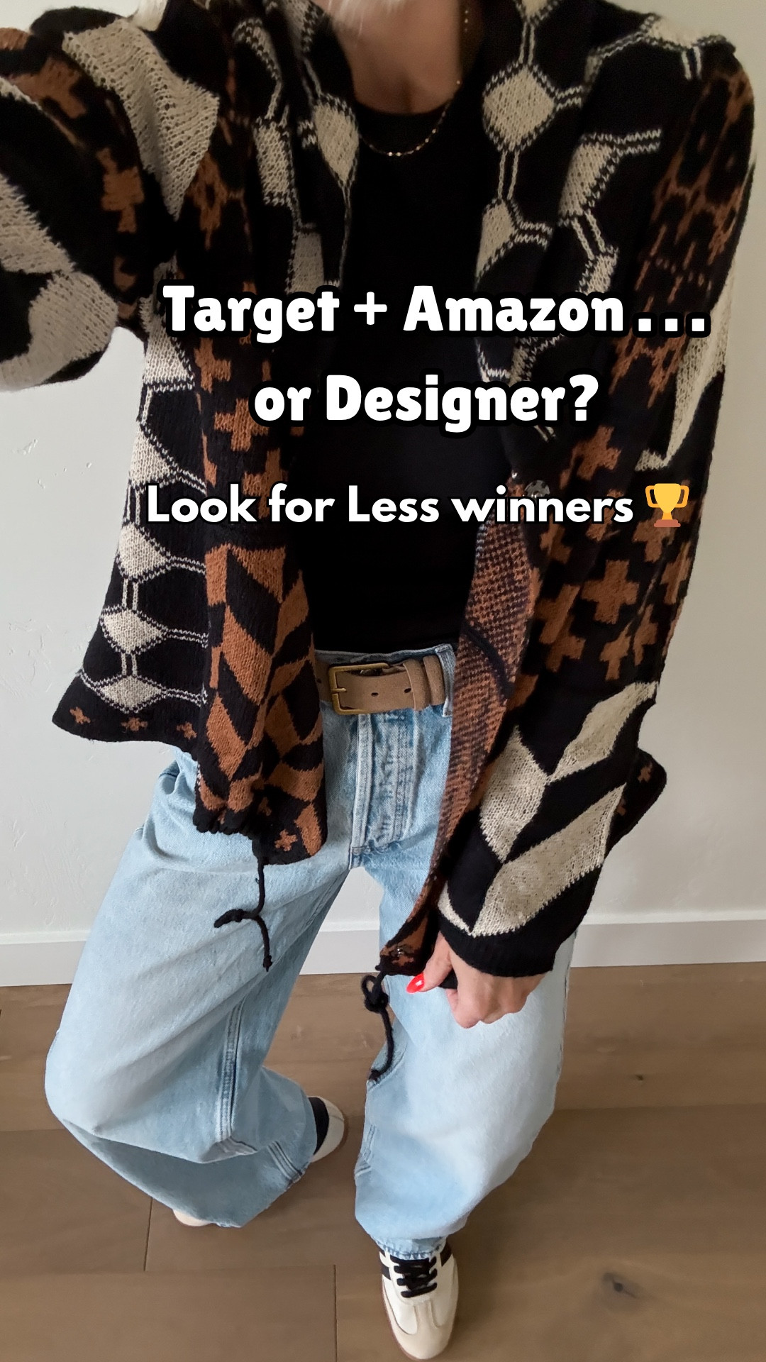 🚨Whole outfit is target & Amazon! 
An easy, causal early fall outfit. 

NEW baggy jeans, look for less Free People cardigan — $40 versus $198, gorgeous suede belt that looks like Madewell & my go-to suede bag from Amazon I’ve had for a few seasons .
Jeans fit true to size I’m wearing a 4 regular, and they come in short and long inseam length options as well. belt & tank fits tts, and sized up to a large in the cardigan.
Go down 1/2 size in adidas 

#LTKSeasonal #LTKFindsUnder50 #LTKOver40