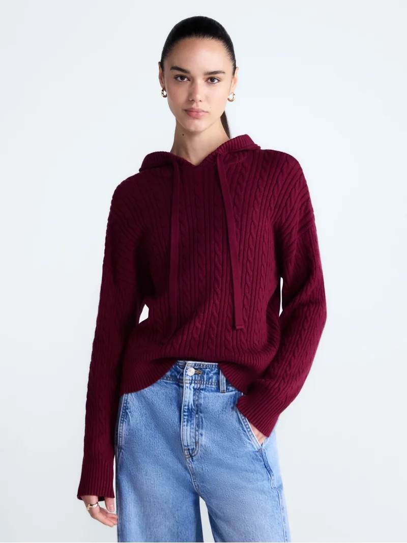 Free Assembly Women's and Women's Plus Cozy Yarn Cable Knit Hoodie Sweater, Midweight, Sizes XS-4... | Walmart (US)
