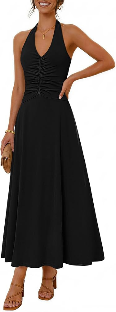 MEROKEETY Women's Formal Halter Maxi Dress 2026 Summer Backless Sleeveless V Neck Ruched Cocktail... | Amazon (US)