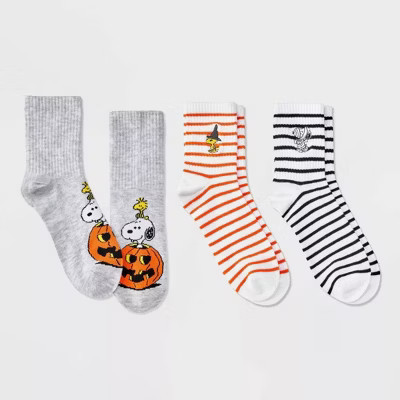 Women's Peanuts Embroidered Halloween 3pk Mid Crews Socks - White/Orange/Black | Target