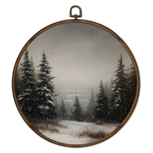 cvjutf Vintage Winter Christmas Forest Landscape Scene Wall Art Framed, Rustic Christmas Trees Round Wall Decor,Winter Nature Canvas Prints Art for Bedroom Bathroom,Xmas Decorations for Home, 10x10 In | Amazon (US)