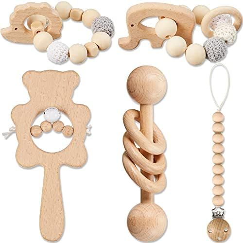 5 Pieces Wooden Baby Toy Wooden Rattles Teether Toys Animal Wood Molar Ring Montessori Neutral Ha... | Amazon (US)