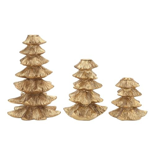 NIKKY HOME Gold Taper Candle Holders Set of 3, Vintage Pine Tree Candle Stand Decorative Candlestick for Christmas Holiday Wedding Party Mantle Fireplace Dining Room Table Centerpieces Decor | Amazon (US)