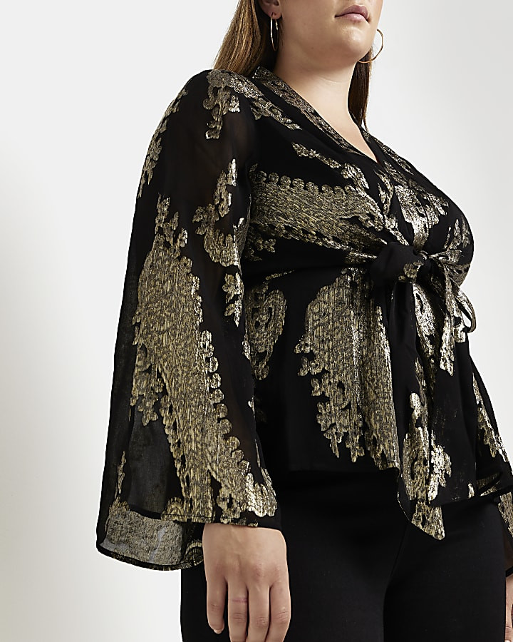 Plus black glitter tie front blouse | River Island (US)