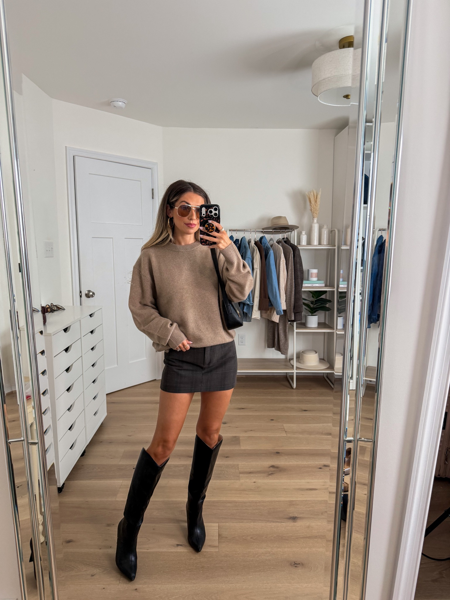 Casual chic fall outfit 
+ cashmere brown sweater: xs
+ plaid mini skort (YES there’s built in shorts!): size 0
+ boots: true to size

#LTKootd #LTKSeasonal #LTKPetite