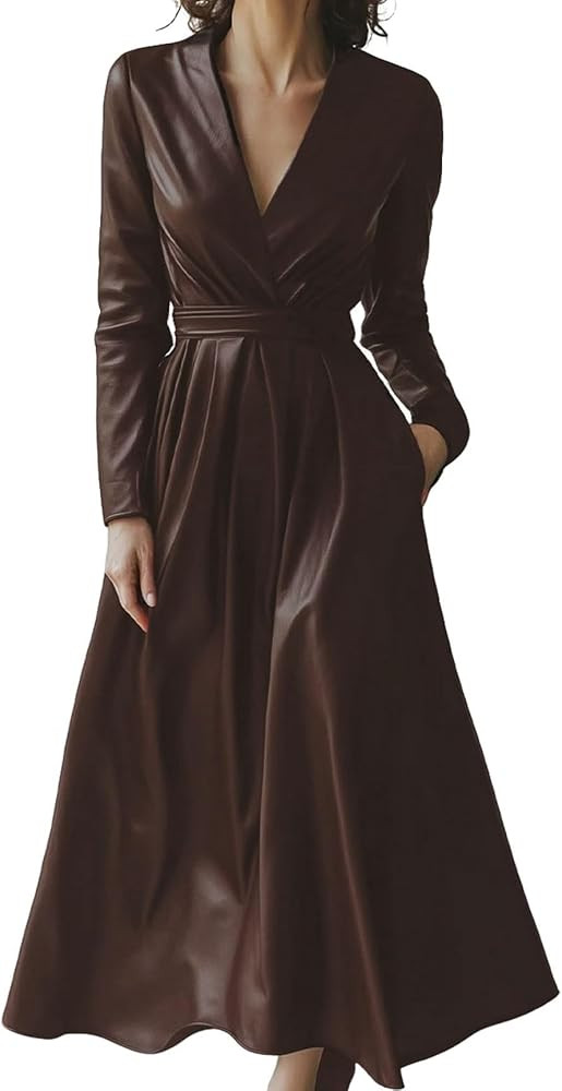 CHARTOU Women PU Faux Leather Long Sleeve Dress Deep V Neck Flowy Night Out Party Dress with Belt | Amazon (US)