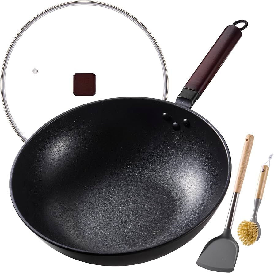 Teewe Carbon Steel Wok -13 Inch Woks & Stir-fry Pans Nonstick, Wok Pan with Glass Lid Spatula and... | Amazon (US)