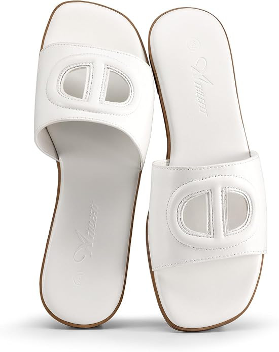Athlefit Women's Flat Sandals Square Open Toe Comfortable Slip On Summer Beach Slide Sandals | Amazon (US)