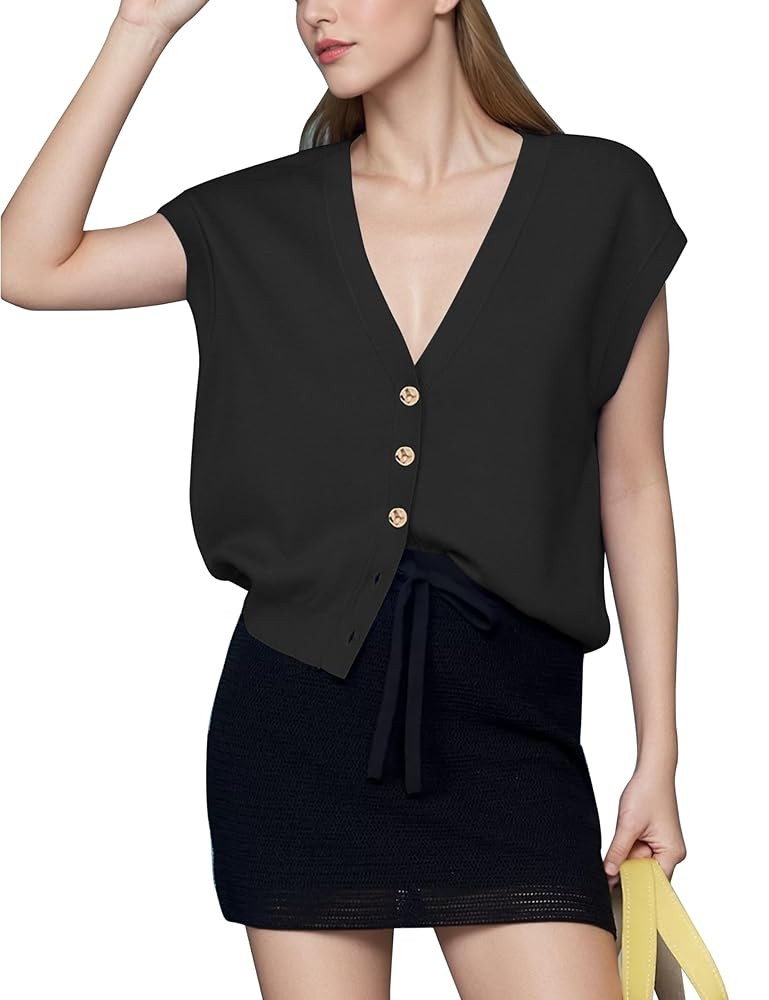 HangNiFang Womens Summer Knit Cardigan Vest V Neck Cap Sleeve Golden Button Sweater Tops | Amazon (US)