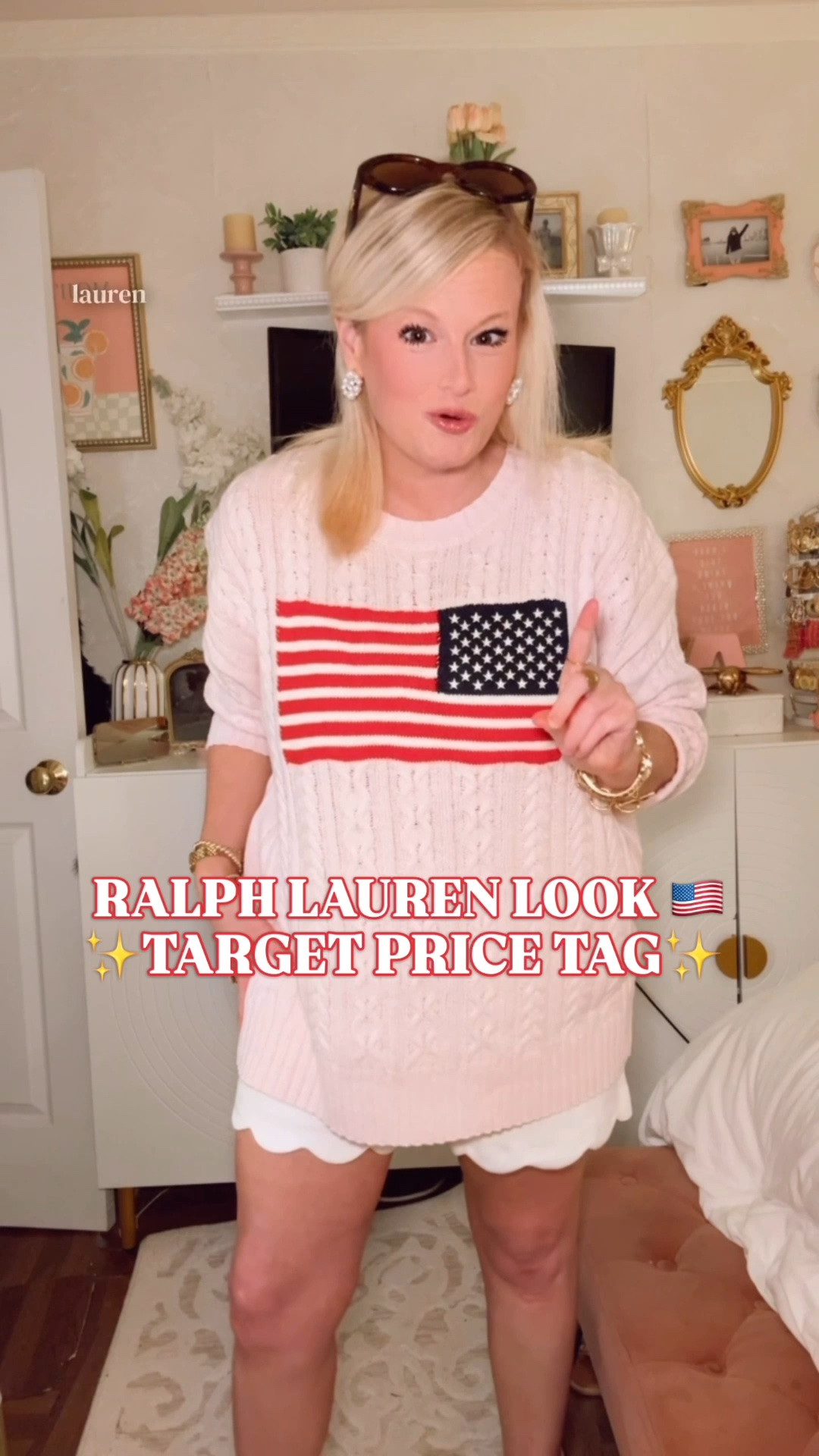 Fourth of July outfit | Target flag sweater | Ralph Lauren flag sweater look for less | Americana sweater | patriotic outfit

Ralph Lauren flag sweater energy, Target price tag, and the easiest Fourth of July layer.

This Target American flag sweater gives the $398 Ralph Lauren flag sweater look for $35 with the preppy details that make it work: classic flag graphic, cable knit texture, crew neckline, ribbed cuffs, below-waist length, soft cotton/recycled polyester blend, and that timeless Americana style that looks good every summer.

I sized up to a large for a comfy fit. Available in 4 colors.

This is the sweater to throw on with white shorts, white jeans, denim shorts, light wash denim, chino shorts, a tennis skirt, or over your shoulders with a button down. It works for Fourth of July outfits, July 4th outfits, fireworks, cookouts, boat days, beach trips, lake weekends, New England summer outfits, Memorial Day weekend, patriotic parties, summer nights, fall football games, and casual preppy outfits.

It already sold out multiple times, so the restock is one to catch before July 4th sizing gets picked over again.

Ralph Lauren flag sweater look for less, Ralph Lauren inspired sweater, Target flag sweater, Target sweater, Target fashion finds, Target style, American flag sweater, flag sweater women, Americana sweater, patriotic sweater, Fourth of July sweater, Fourth of July outfit, July 4th outfit women, patriotic outfit women, red white and blue outfit, Americana outfit, Memorial Day outfit, preppy sweater, cable knit sweater, pink flag sweater, summer sweater, New England summer, beach outfit, lake weekend outfit, white shorts outfit, white jeans outfit, designer look for less

#LTKFindsUnder50 #TargetFinds #TargetStyle #FourthOfJulyOutfit #AmericanaStyle #PreppyStyle #LookForLess #RalphLauren

#LTKSeasonal #LTKootd #LTKOver40