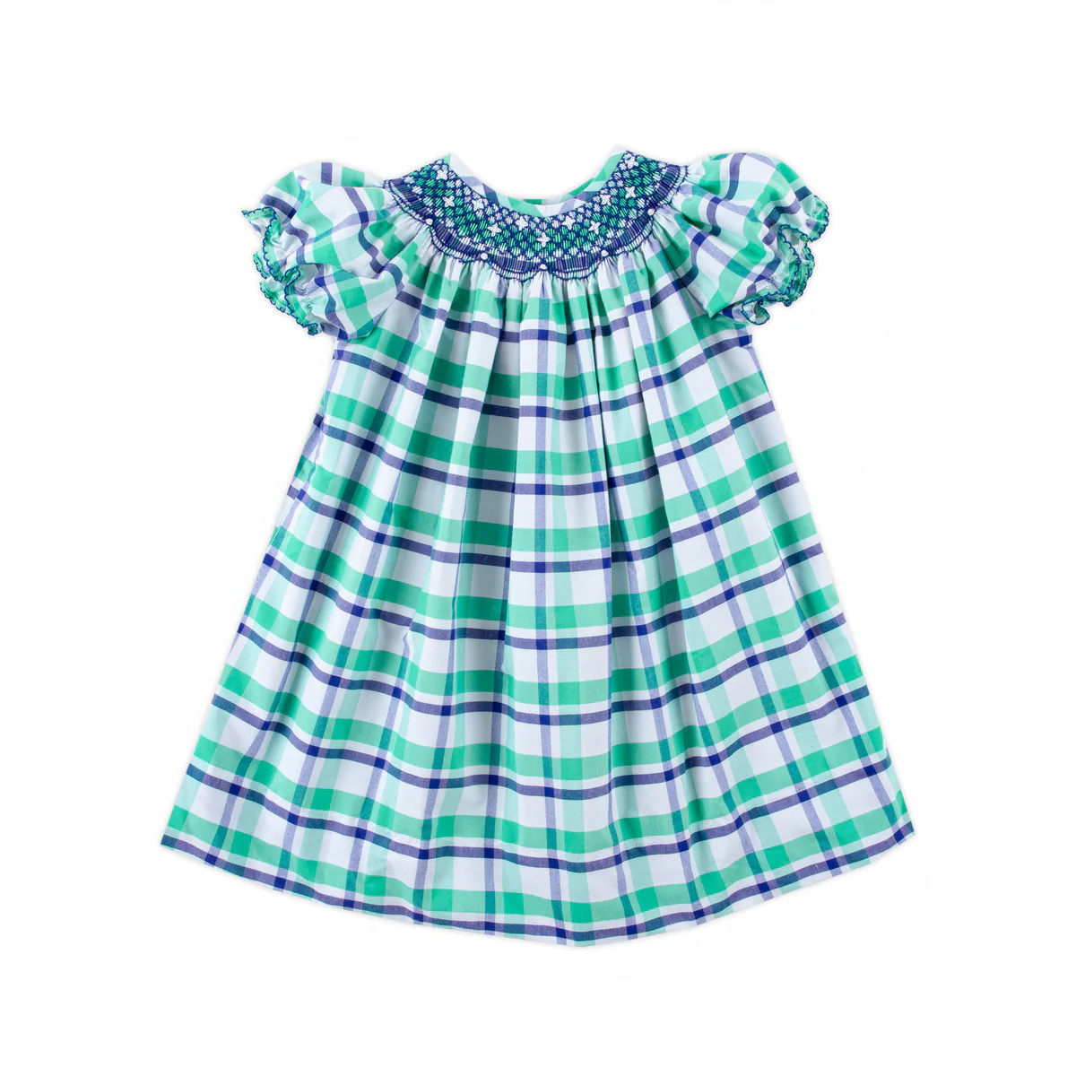 Pumpkin Smocked Green& Blue Plaid Bishop Dress | Classic Whimsy