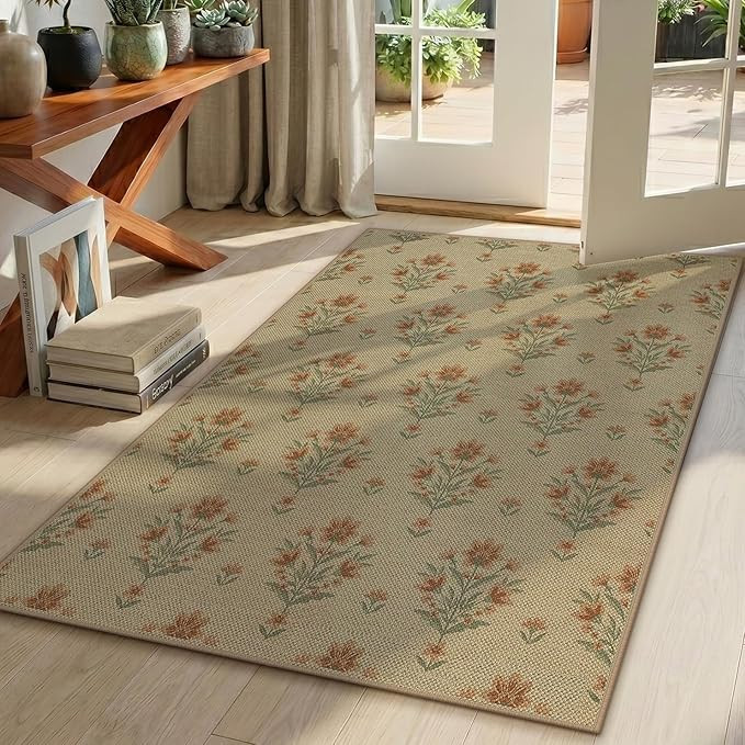 Hroza Washable Outdoor Rug 3x5 Entryway Rugs Non-Slip Brown Floral Jute Rug Kids & Pets Friendly ... | Amazon (CA)