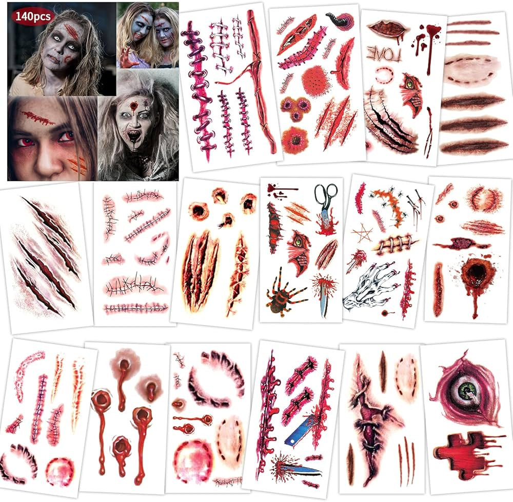 140 PCS Halloween Zombie Makeup, Halloween Fake Scars Horror Fake Bloody Wound Temporary Zombie T... | Amazon (US)