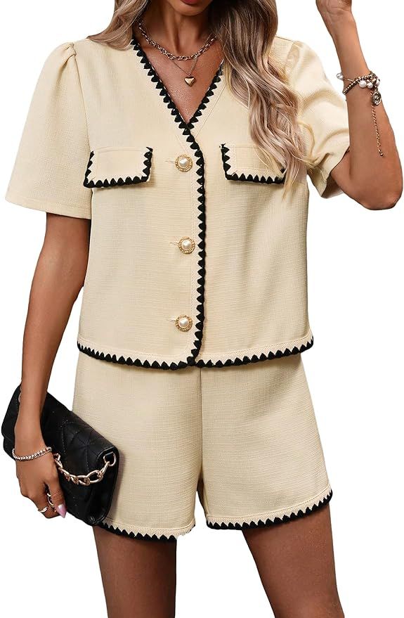 Verdusa Women's 2 Piece Outfits Contrast Binding Button Front Blouse and Shorts Set | Amazon (US)