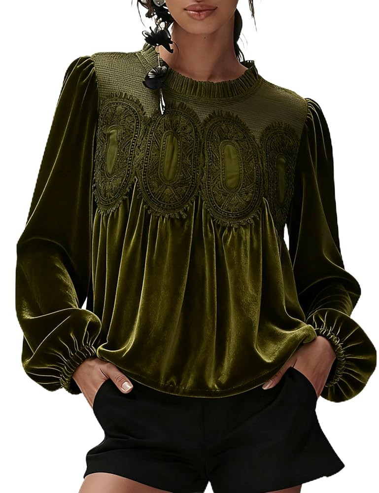 Gozoloma Women's Long Sleeve Velvet Trim Lace Blouse Elegant Flared Swing Top Round Neck Blouse C... | Amazon (US)