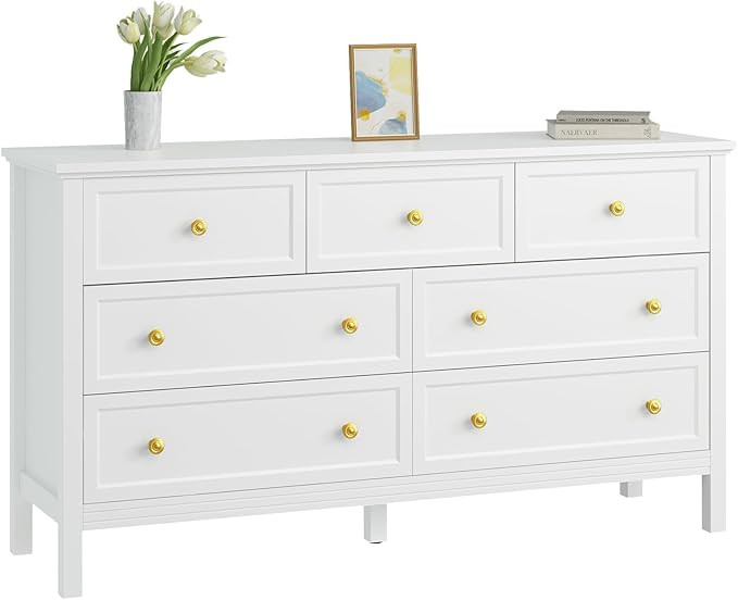 CARPETNAL White Dresser for Bedroom, 7 Drawer Dresser with Wide Drawers and Gold Metal Handles, 5... | Amazon (US)